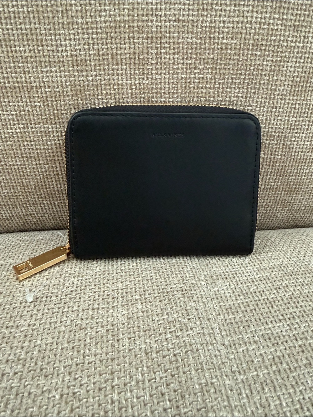 All Saints Black Leather Zip Card Wallet with Gold-Tone Pull